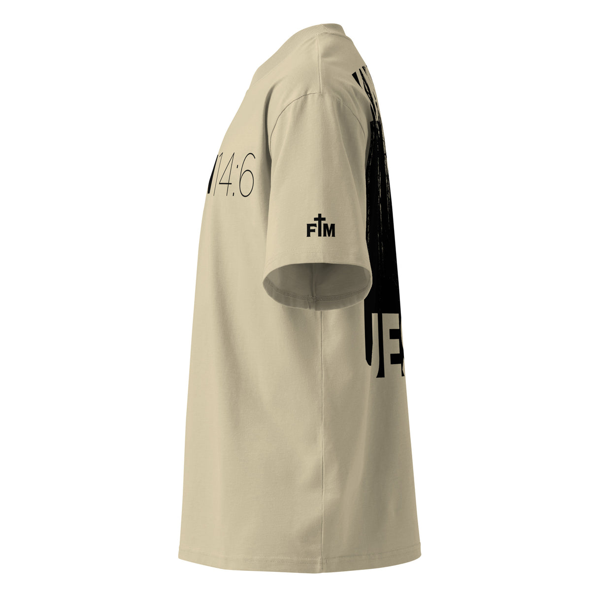 Beige t-shirt with black text and logos on a white background