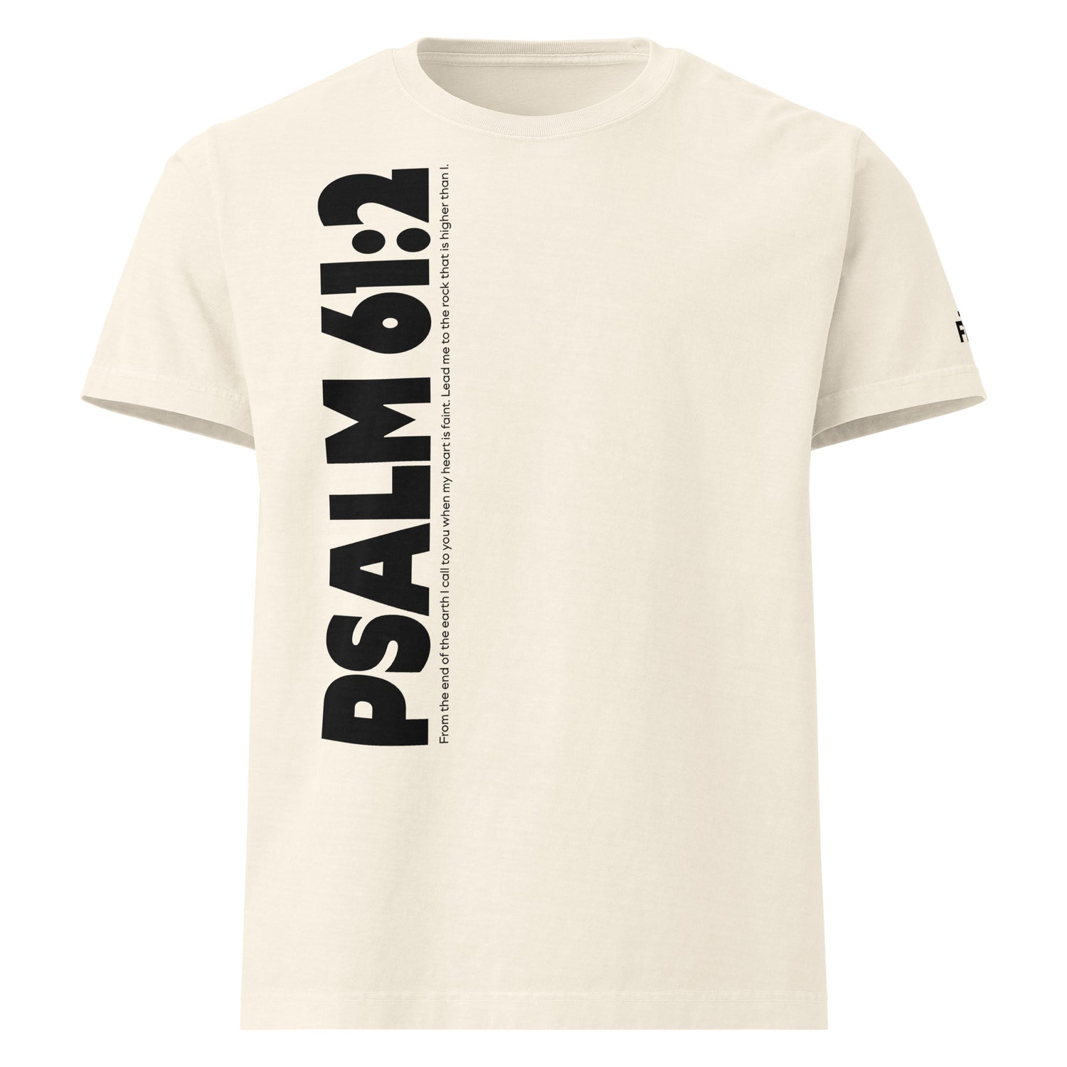 Beige t-shirt with 'PSALM 61:2' text on a white background