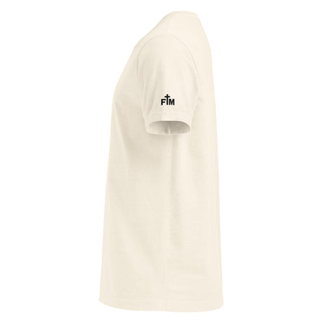 Beige t-shirt with a Faith Mode logo on the sleeve against a white background