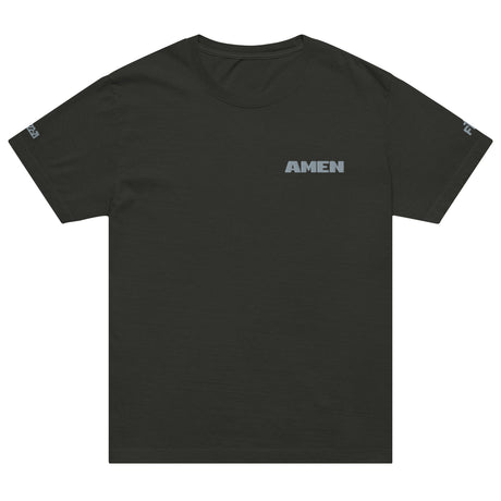 Black t-shirt with 'AMEN' text on a white background