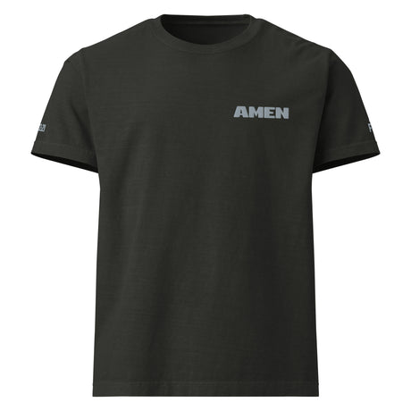 Black t-shirt with 'AMEN' text on a white background