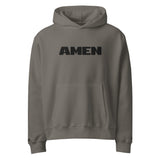 Gray hoodie with 'AMEN' text on a white background