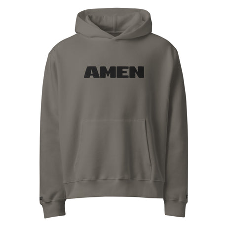 Gray hoodie with 'AMEN' text on a white background
