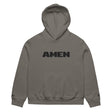 Gray hoodie with 'AMEN' text on a white background