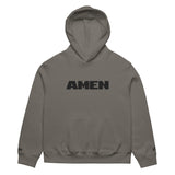 Gray hoodie with 'AMEN' text on a white background
