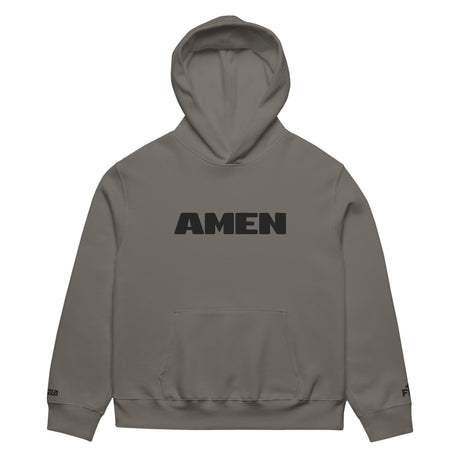 Gray hoodie with 'AMEN' text on a white background