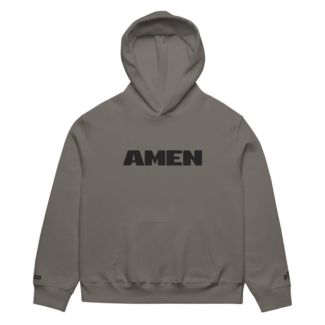 Gray hoodie with 'AMEN' text on a white background