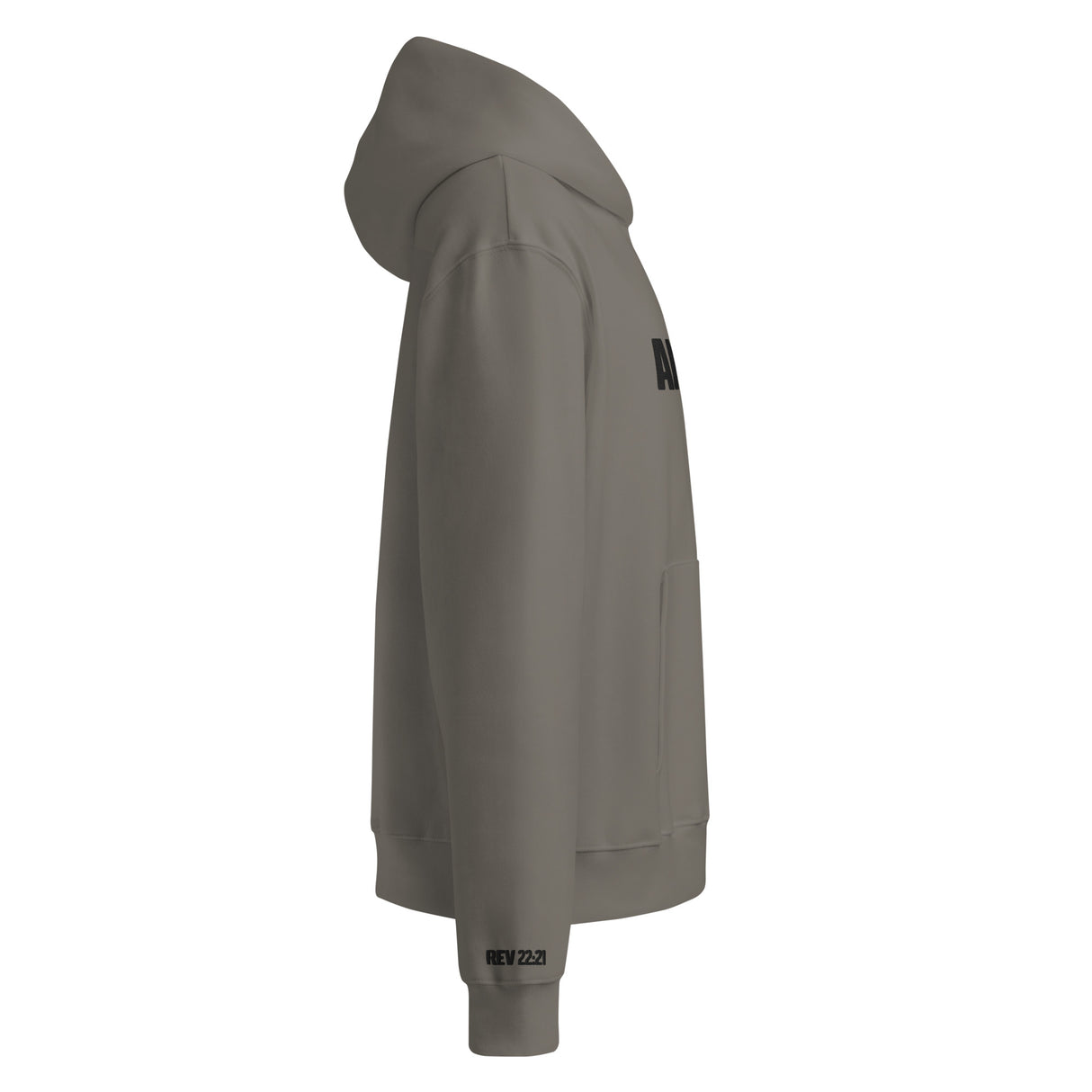 Gray hoodie with branding on a white background