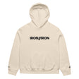 Beige hoodie with 'IRON//IRON' logo on a white background