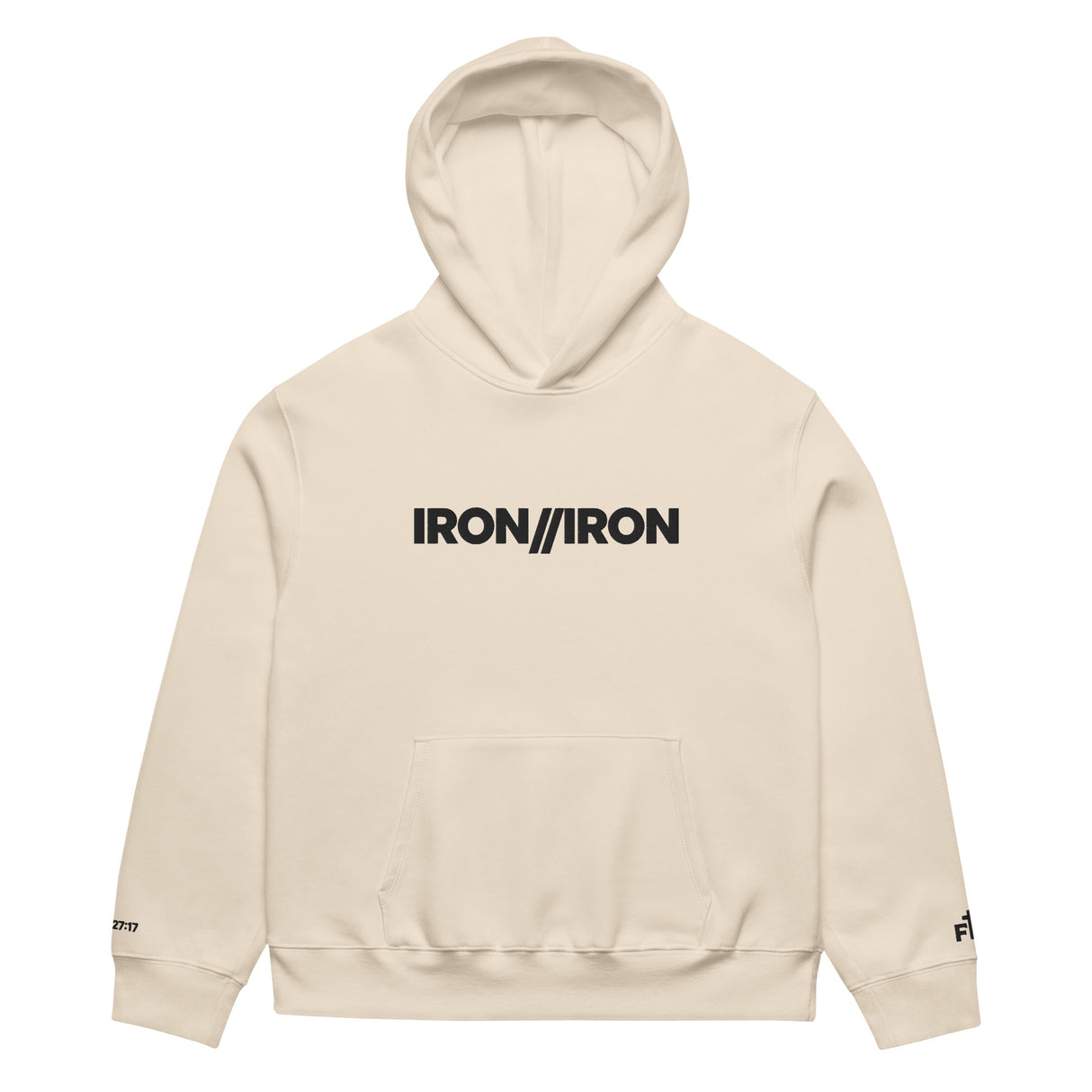 Beige hoodie with 'IRON//IRON' logo on a white background