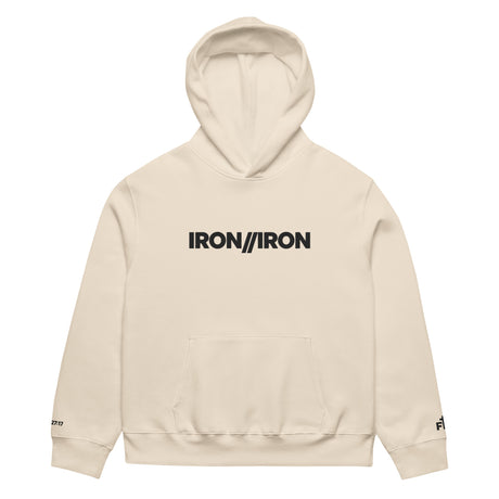 Beige hoodie with 'IRON//IRON' logo on a white background