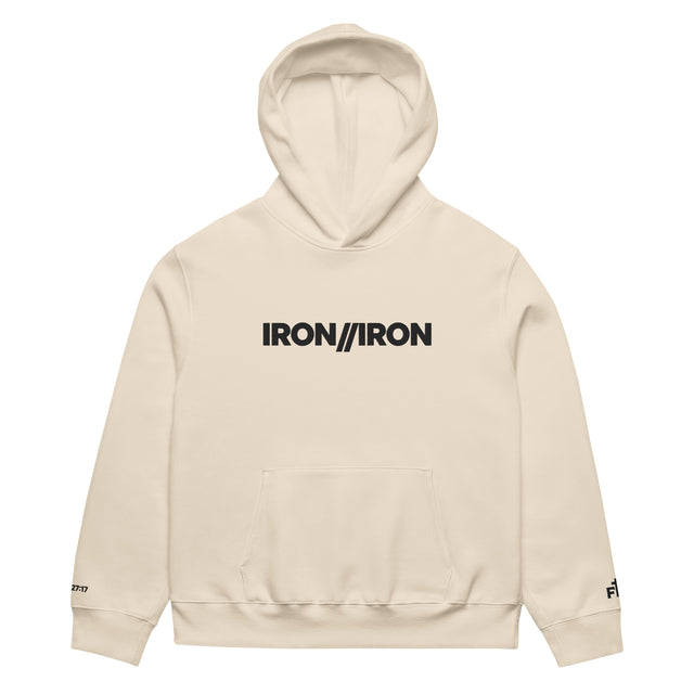 Beige hoodie with 'IRON//IRON' logo on a white background