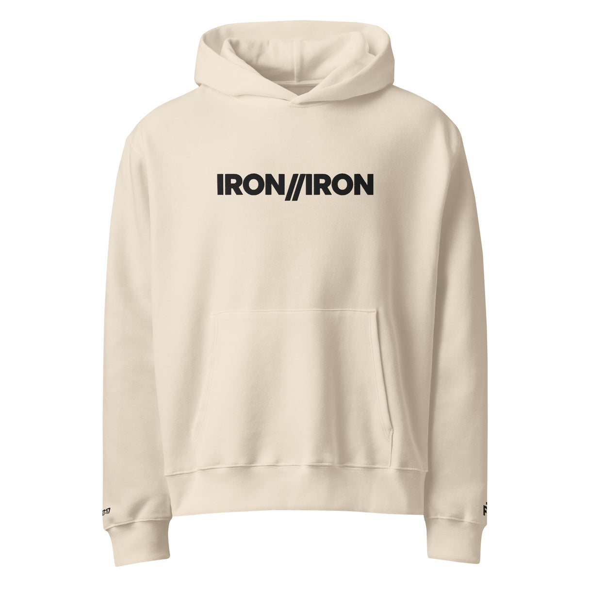 Beige hoodie with 'IRON//IRON' text on a white background