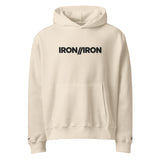 Beige hoodie with 'IRON//IRON' text on a white background