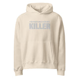 Beige hoodie with text 'I'm praying for my killer' on a white background