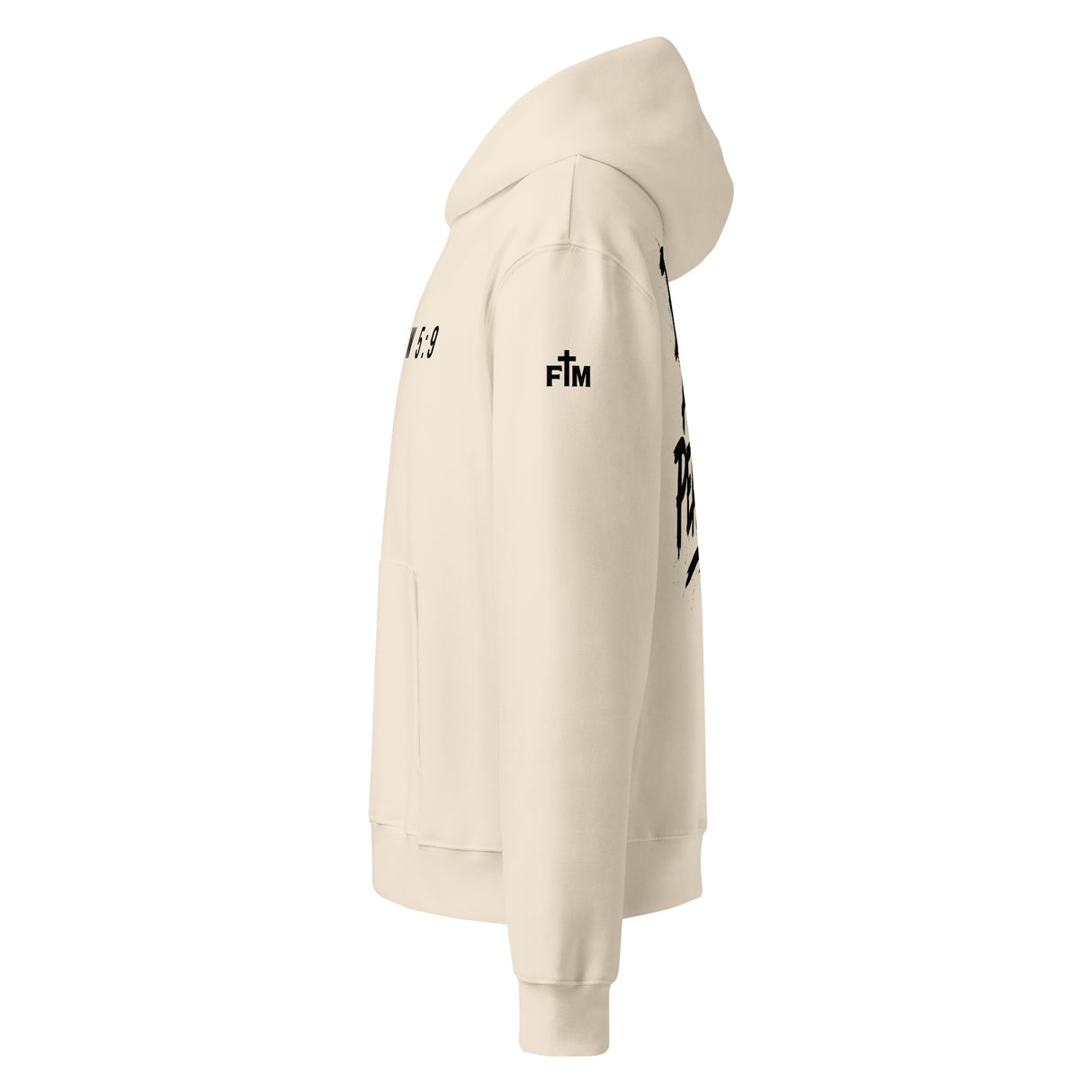 Beige hoodie with black text logo printed on the sleeve in black ink.