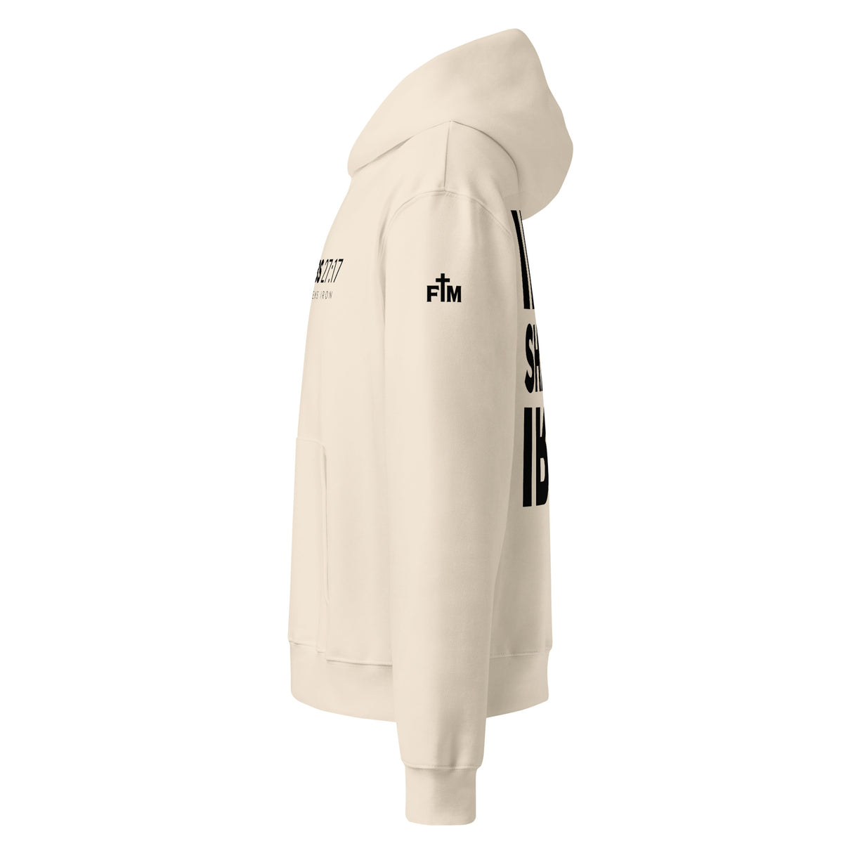 Beige hoodie with black text on a white background