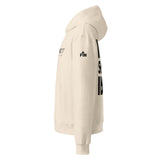 Beige hoodie with black text on a white background