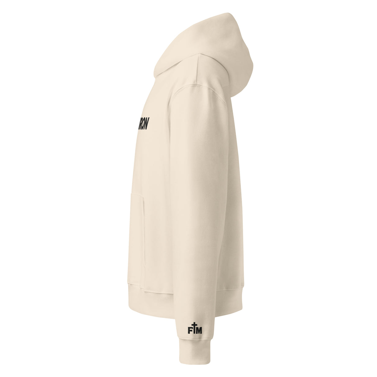 Beige hoodie with black text on a white background