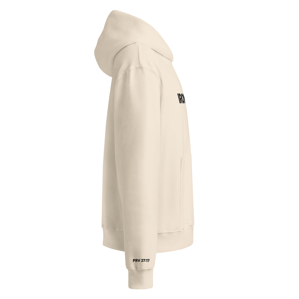 Beige hoodie with branding on a white background