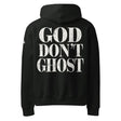 Black hoodie with 'GOD DON'T GHOST' text printed on the back in white ink.