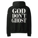 Black hoodie with 'GOD DON'T GHOST' text printed on the back in white ink.