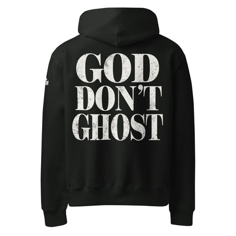 Black hoodie with 'GOD DON'T GHOST' text printed on the back in white ink.