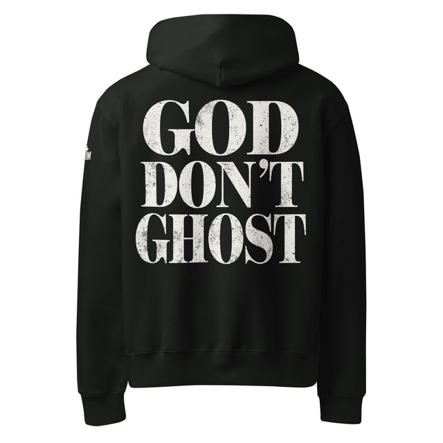 Black hoodie with 'GOD DON'T GHOST' text printed on the back in white ink.
