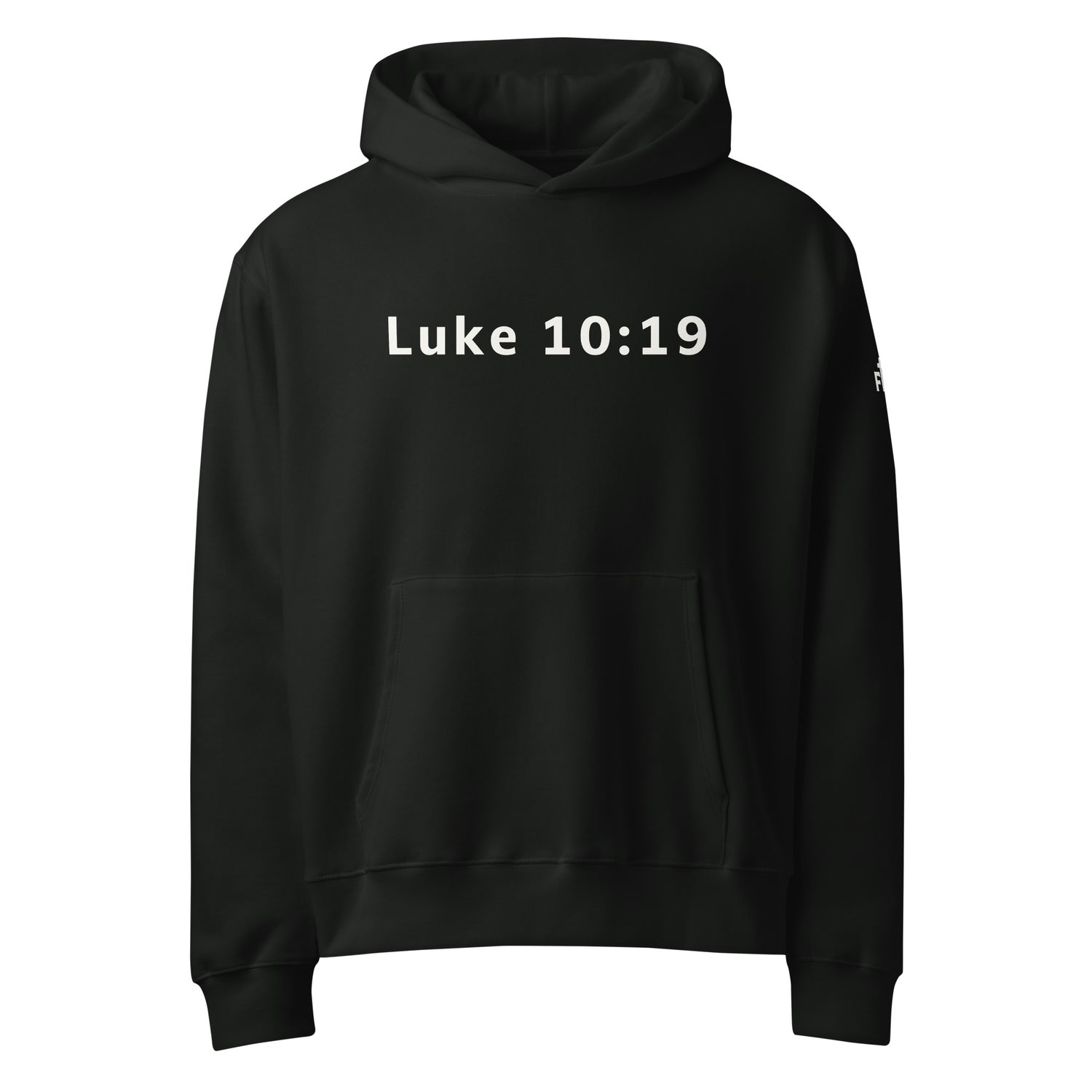 Black hoodie with 'Luke 10:19' printed in white ink.