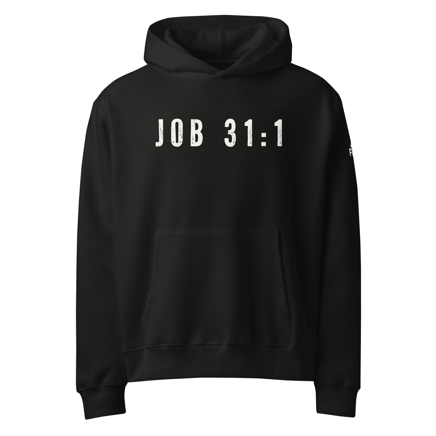 Black hoodie with 'JOB 31:1' text printed in white ink.