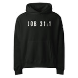 Black hoodie with 'JOB 31:1' text printed in white ink.