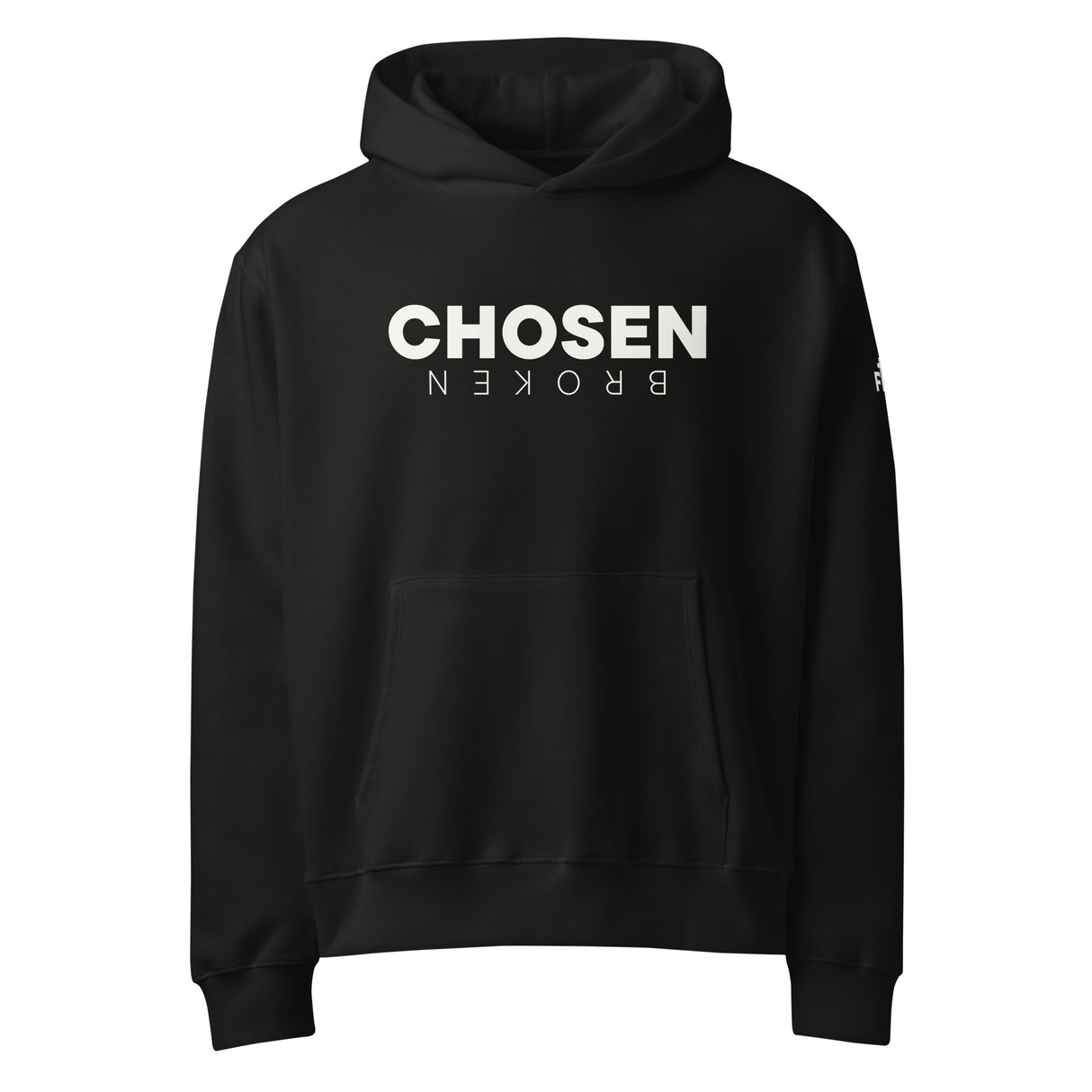 Black hoodie with 'Chosen BROKEN' text printed on the front in white ink.