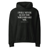 Black hoodie with Hebrews 13:5 text printed on the front in white ink.