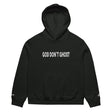 Black hoodie with 'GOD DON'T GHOST' text on a white background