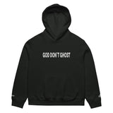 Black hoodie with 'GOD DON'T GHOST' text on a white background
