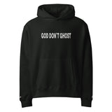 Black hoodie with 'GOD DON'T GHOST' text on a white background