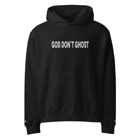 Black hoodie with 'GOD DON'T GHOST' text on a white background