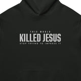Black hoodie with white text on a white background