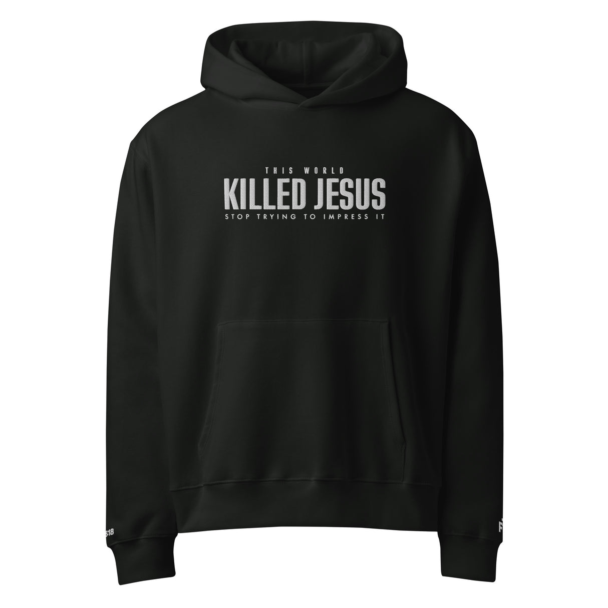 Black hoodie with white text on a white background