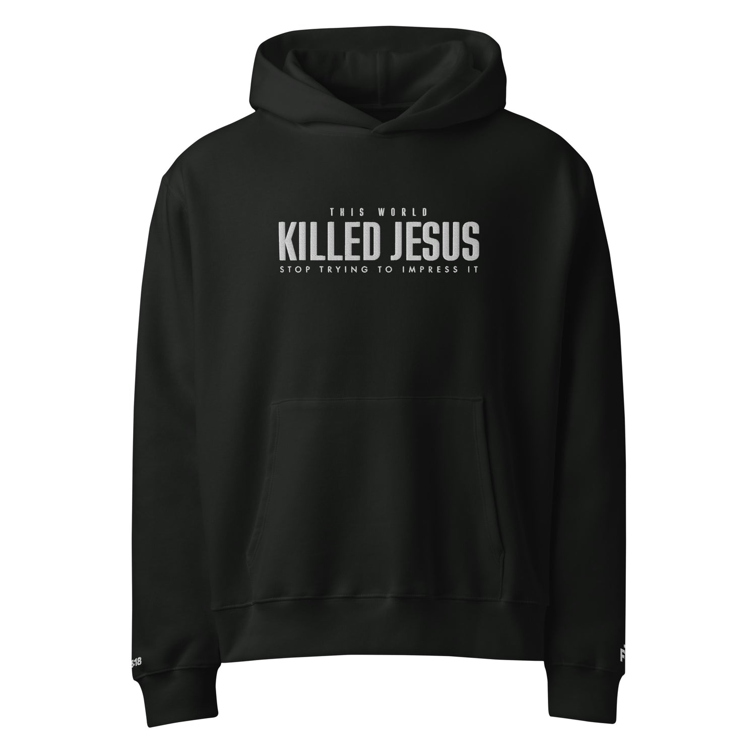 Black hoodie with white text on a white background