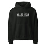 Black hoodie with white text on a white background