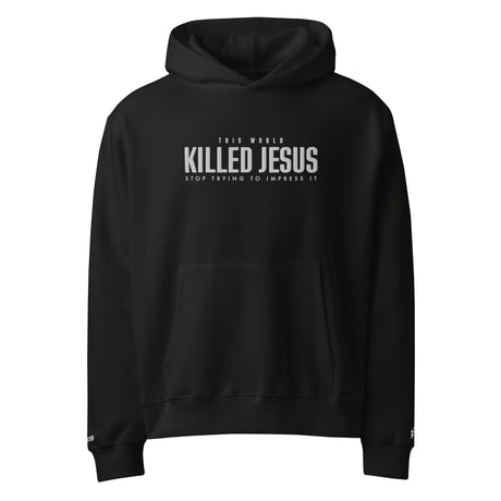 Black hoodie with white text on a white background
