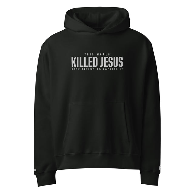 Black hoodie with white text on a white background
