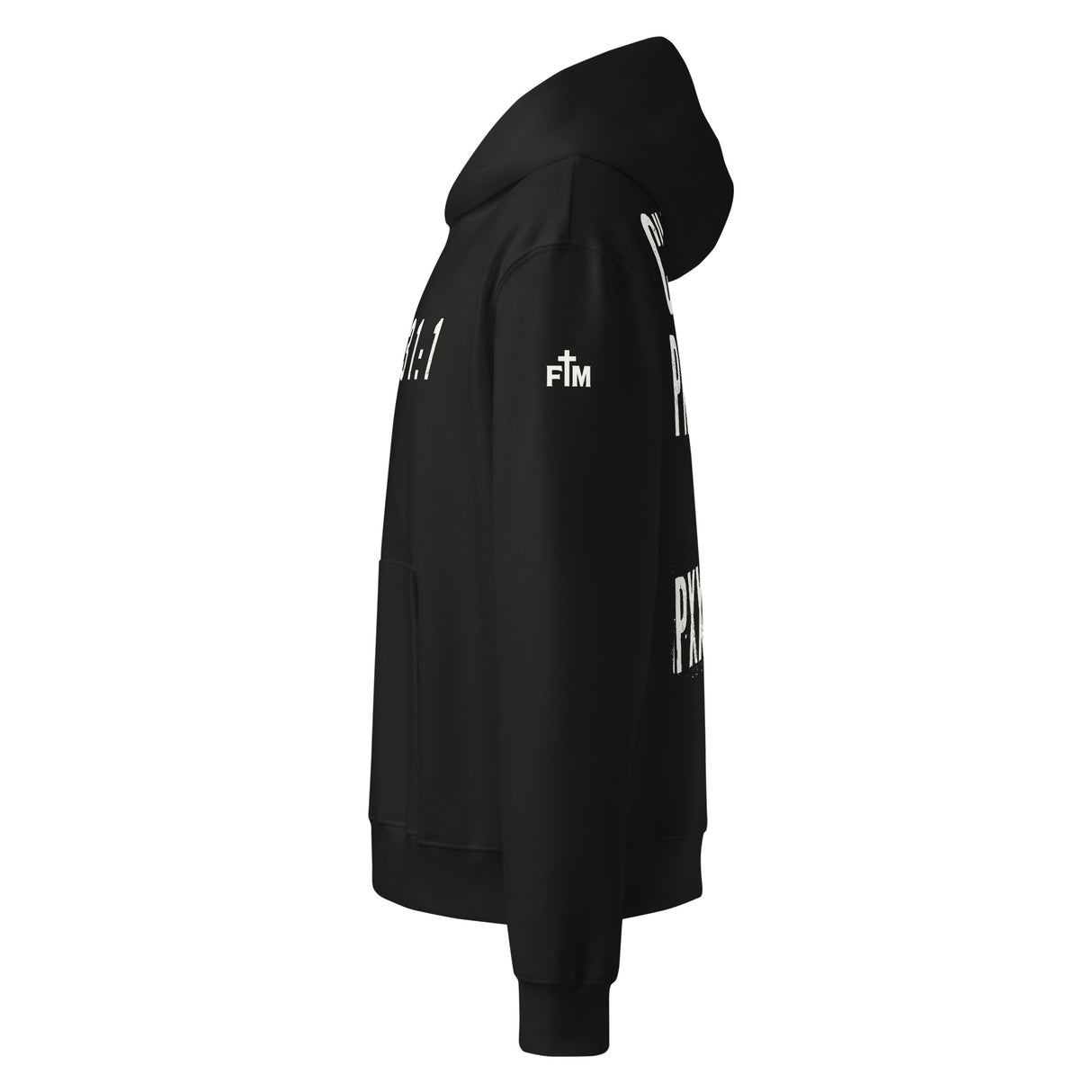 Black hoodie with white text and logos printed on the upper sleeve.