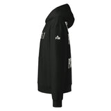 Black hoodie with white text and logos printed on the upper sleeve.