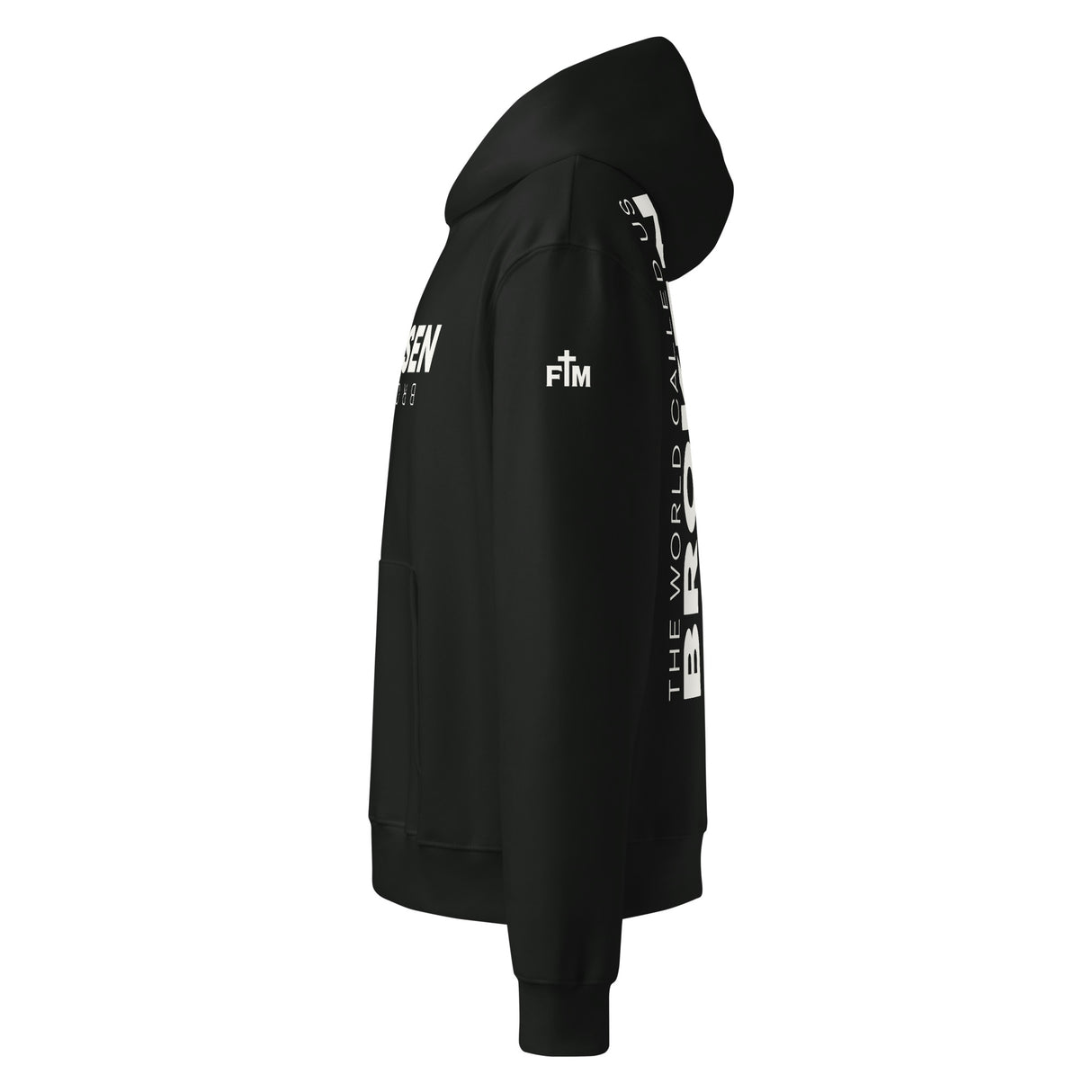 Black hoodie with white Faith Mode logo printed on the upper sleeve.
