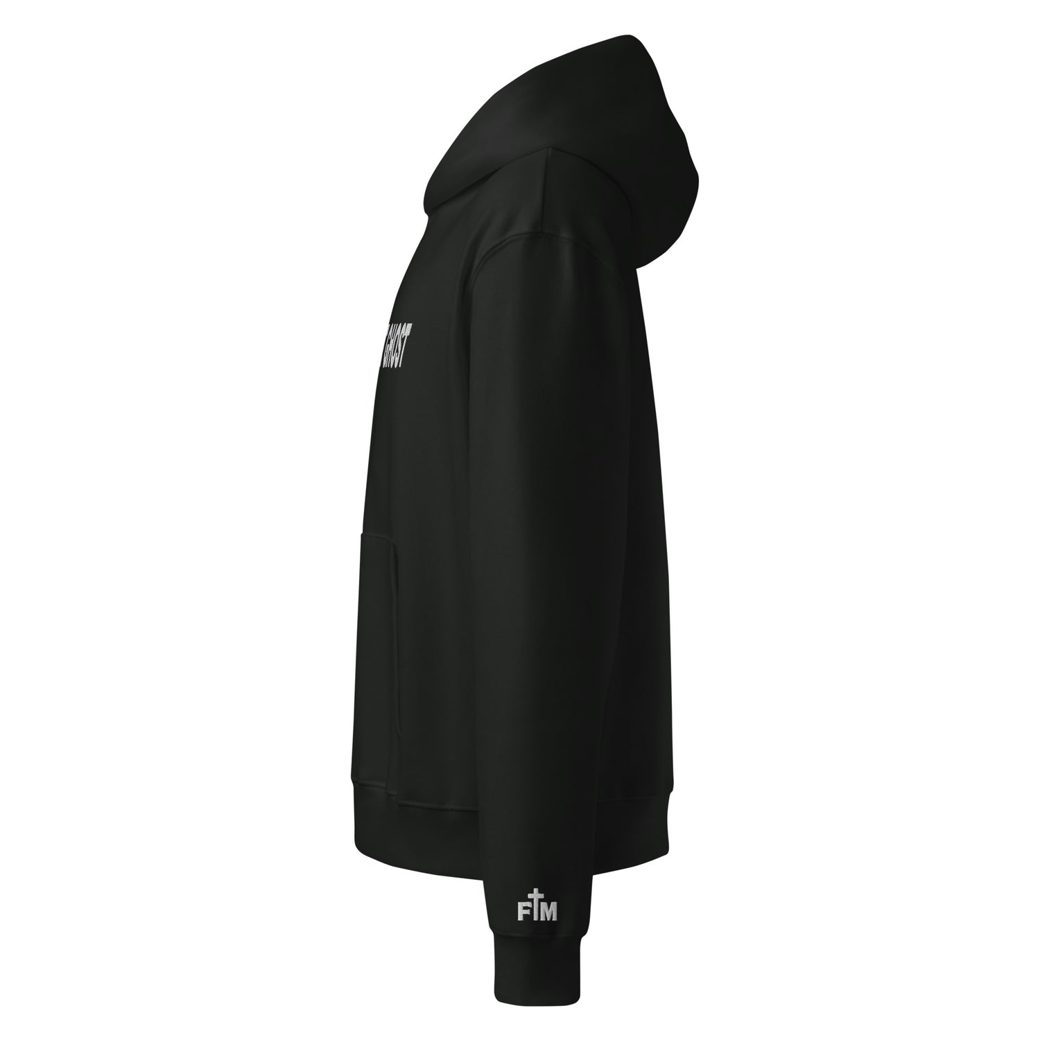 Black hoodie with visible branding on a white background