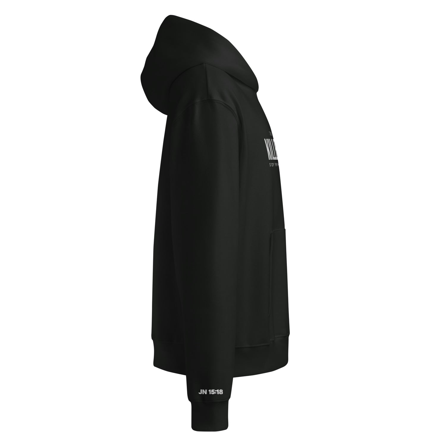 Black hoodie with white text on a white background