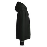 Black hoodie with white text on a white background