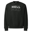 Black sweatshirt with 'HELL MAD' text on a white background